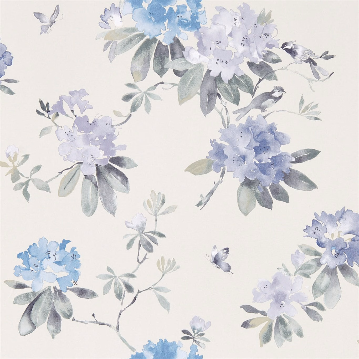 Ivory wallpaper with lilac and blue watercolour flowers, grey leaves and flying birds