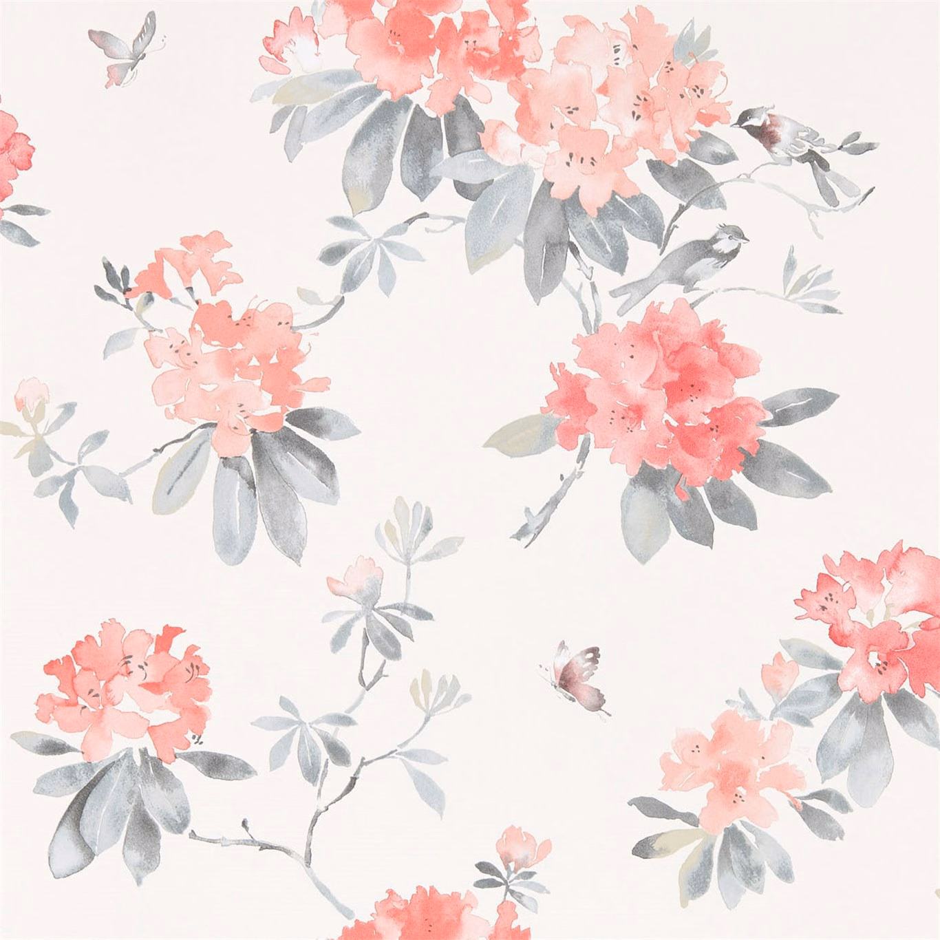 Soft coral flower clusters with grey-blue leaves on a pale wallpaper ground