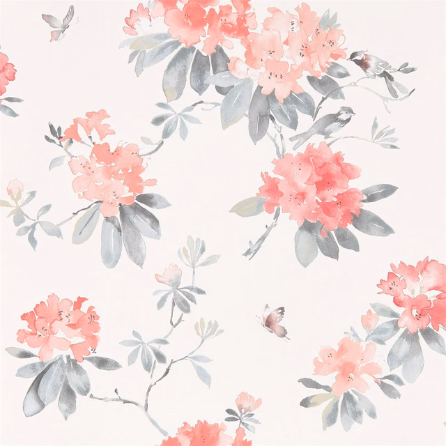 Soft coral flower clusters with grey-blue leaves on a pale wallpaper ground
