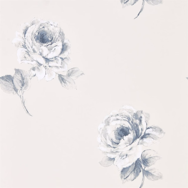 Ivory wallpaper with widely spaced soft indigo watercolor roses and loose leaves