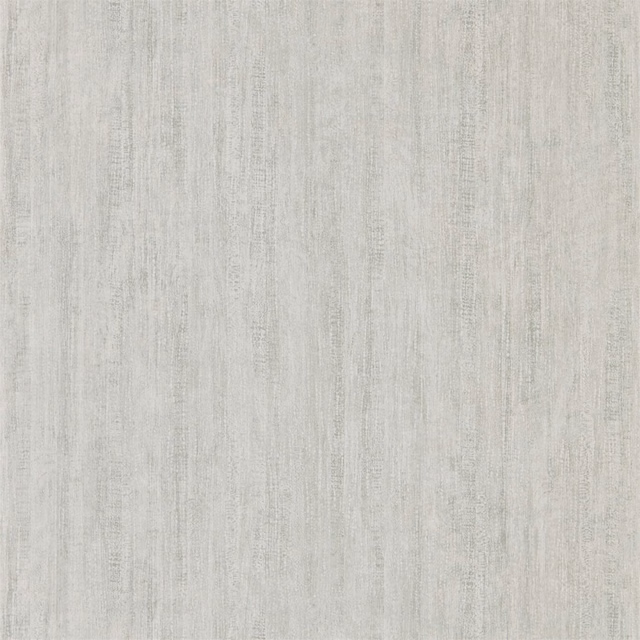 Pale cool-grey wallpaper with delicate distressed vertical striations and a chalky finish