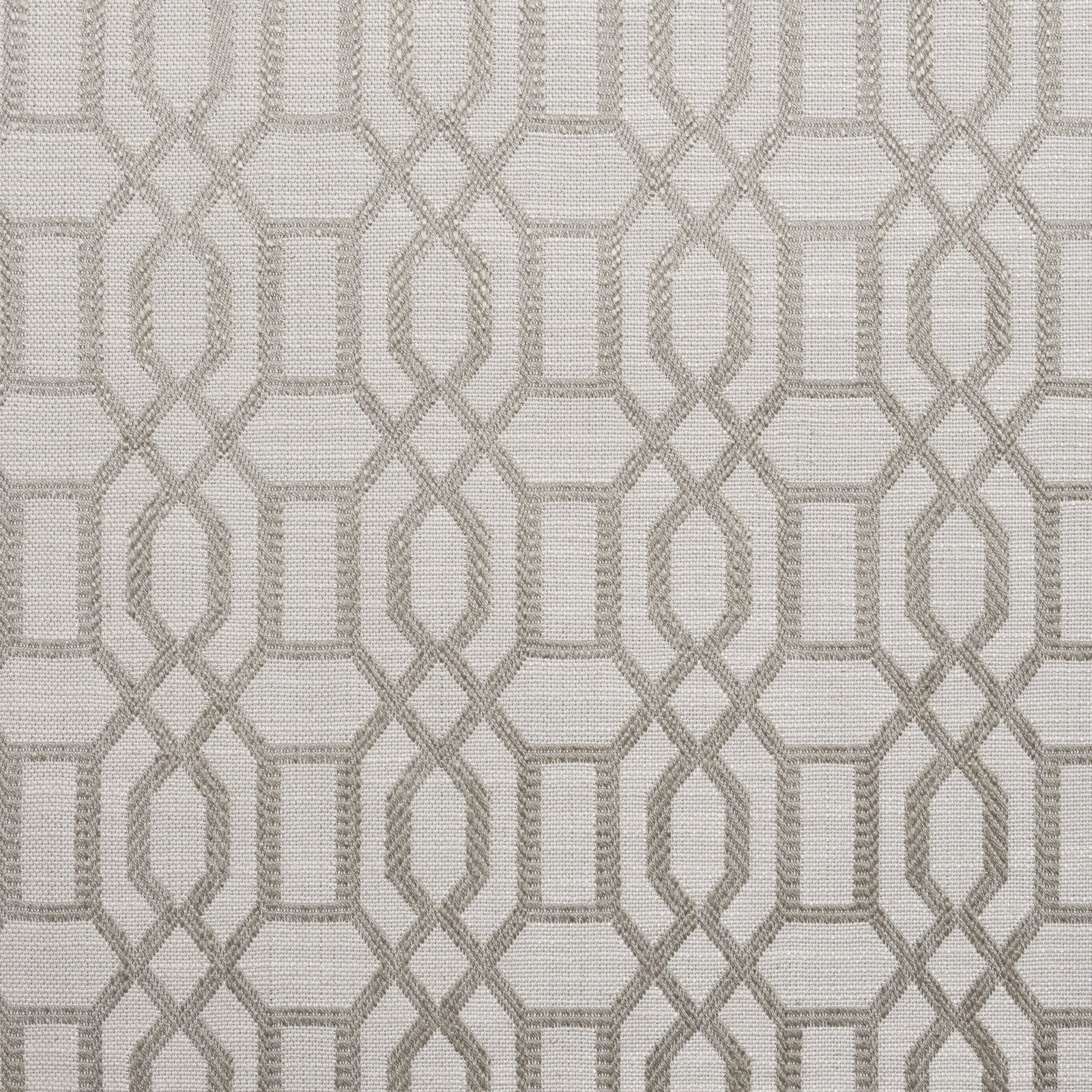 Pale greige woven fabric with interlocking lattice motif and fine horizontal texture