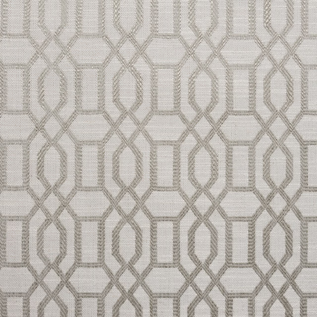 Pale greige woven fabric with interlocking lattice motif and fine horizontal texture