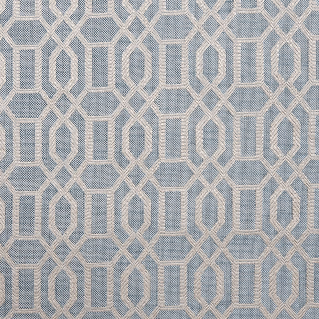 Muted ocean-blue woven ground with repeating ivory interlocking geometric outlines