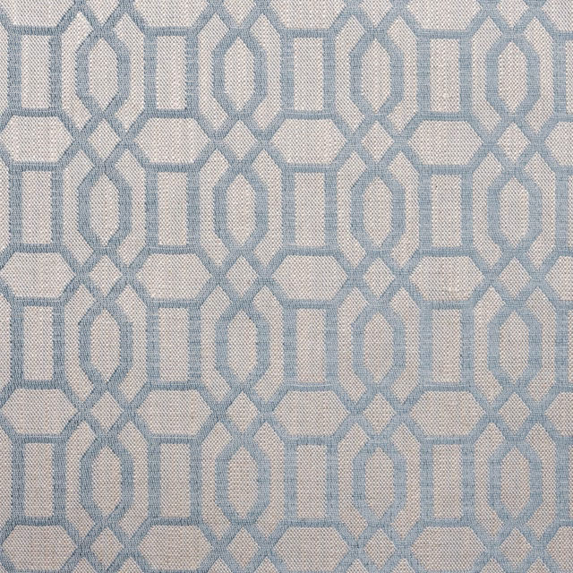Pale sky-blue geometric woven fabric with linked diamond and octagonal motifs