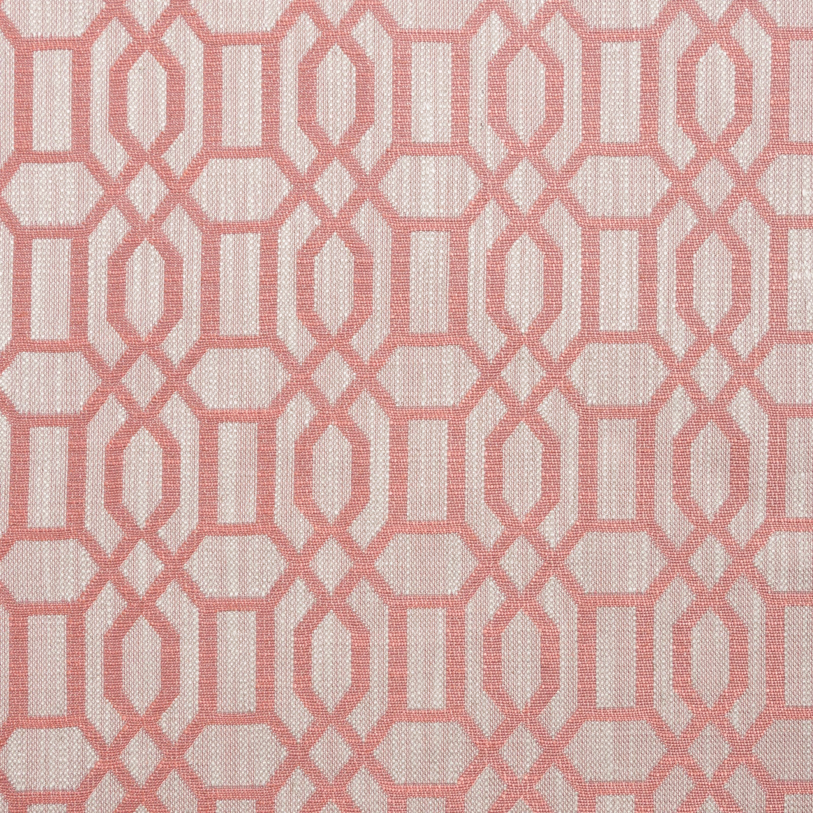 Muted coral-pink interlocking lattice woven over a pale blush textile ground
