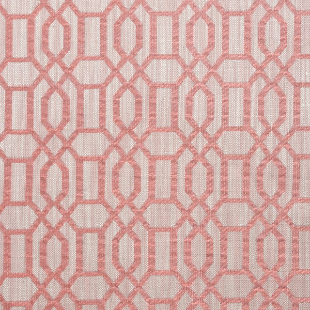 Muted coral-pink interlocking lattice woven over a pale blush textile ground