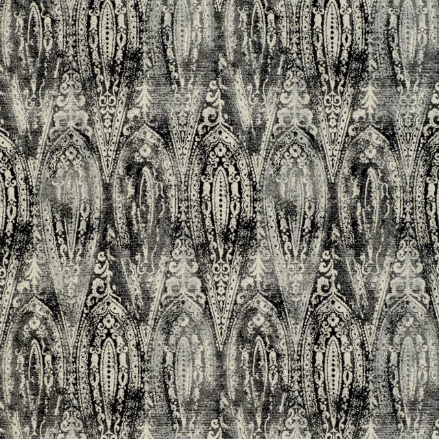 Charcoal grey and ivory fabric with ornate vertical paisley motifs and textured shading