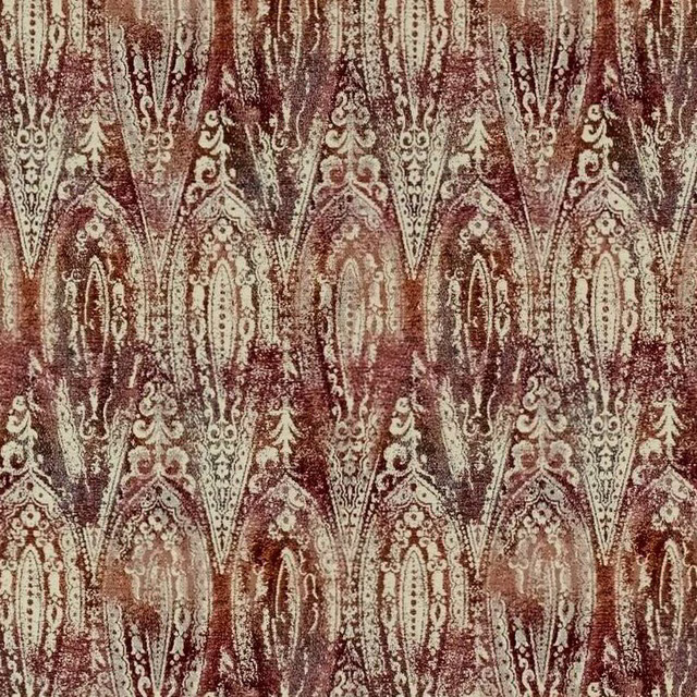 Muted burgundy-brown textile with ivory vertical damask arches and distressed texture