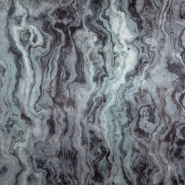 Cool blue-grey textile with charcoal, black and smoky mineral-like marbled veining