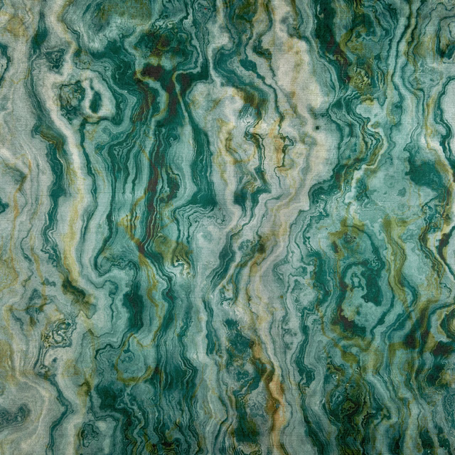 Close-up of teal, sea-green and mineral marbling over a fine vertical weave
