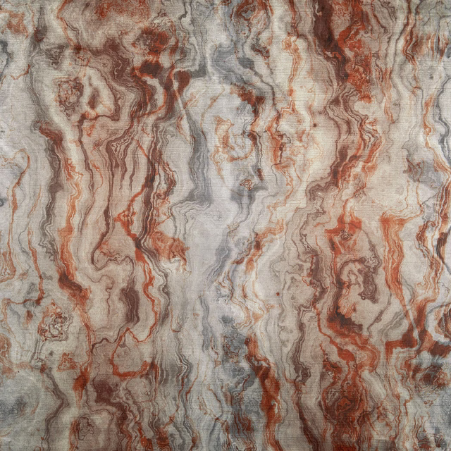 Cool grey marble-effect fabric with ivory ground and rust-red flowing veining