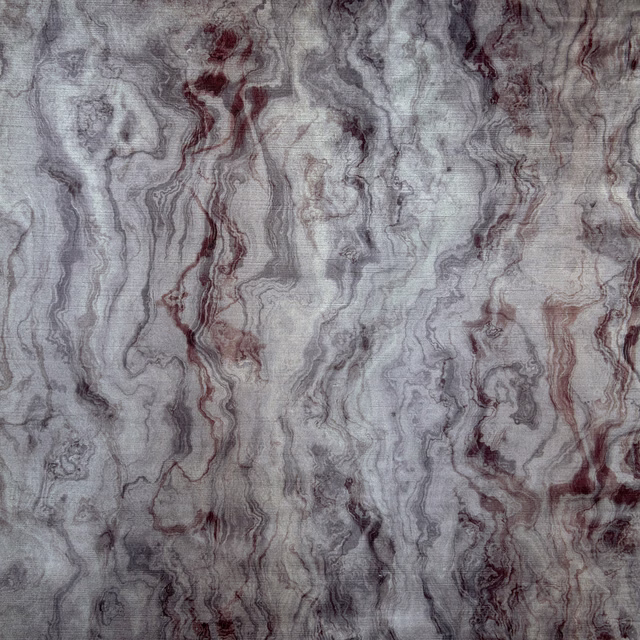 Cool smoky-grey textile with flowing charcoal and muted wine-red marble veining