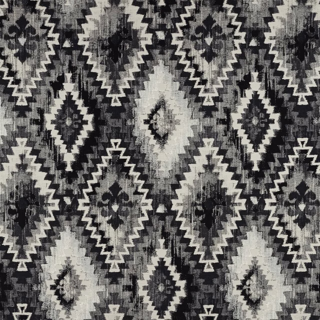 Charcoal, grey and ivory geometric woven fabric with stepped diamond and zigzag motifs