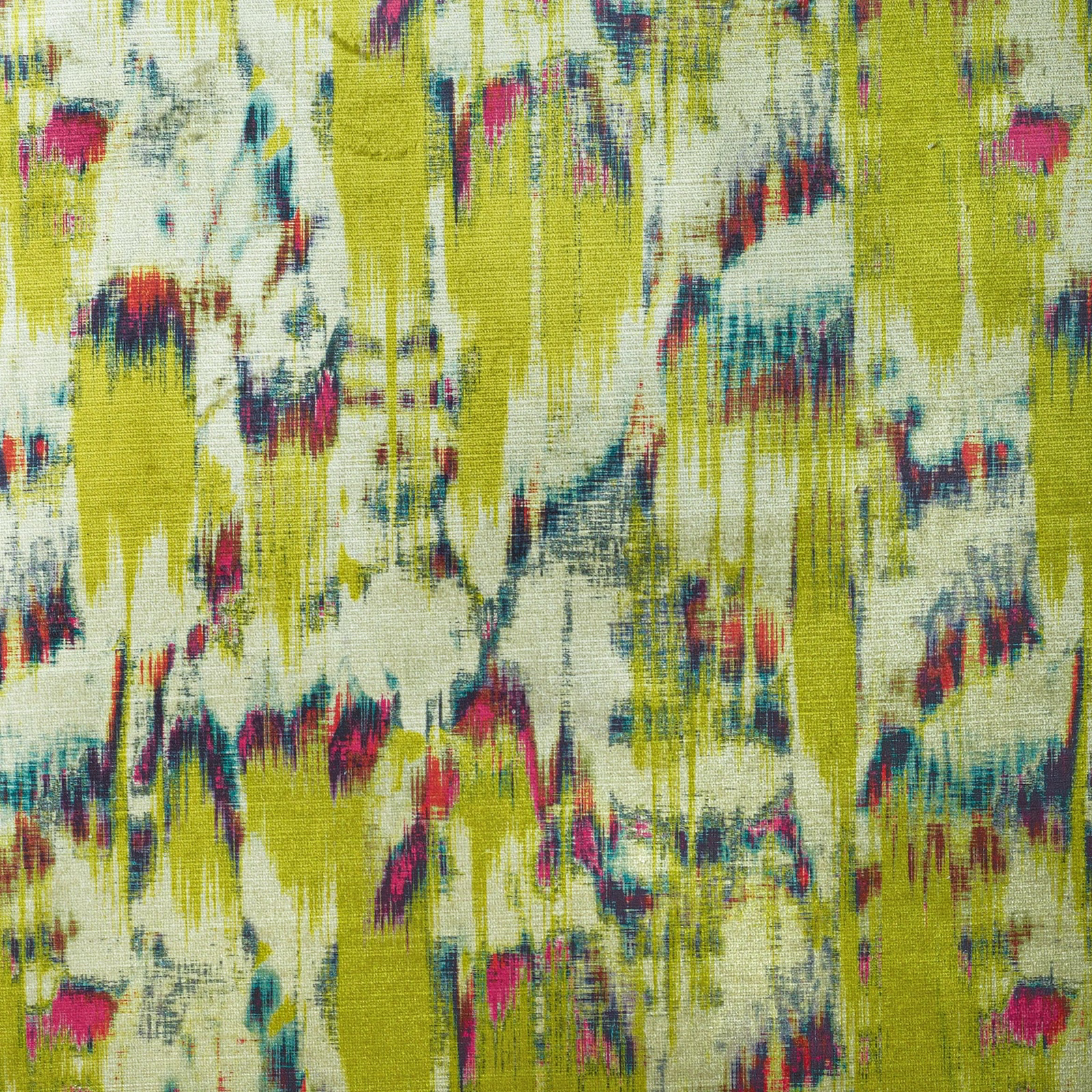 Acid lime woven fabric with ivory, teal and magenta painterly abstract marks
