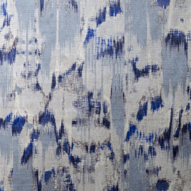 Pale blue woven ground with broken indigo brush-like marks and vertical texture