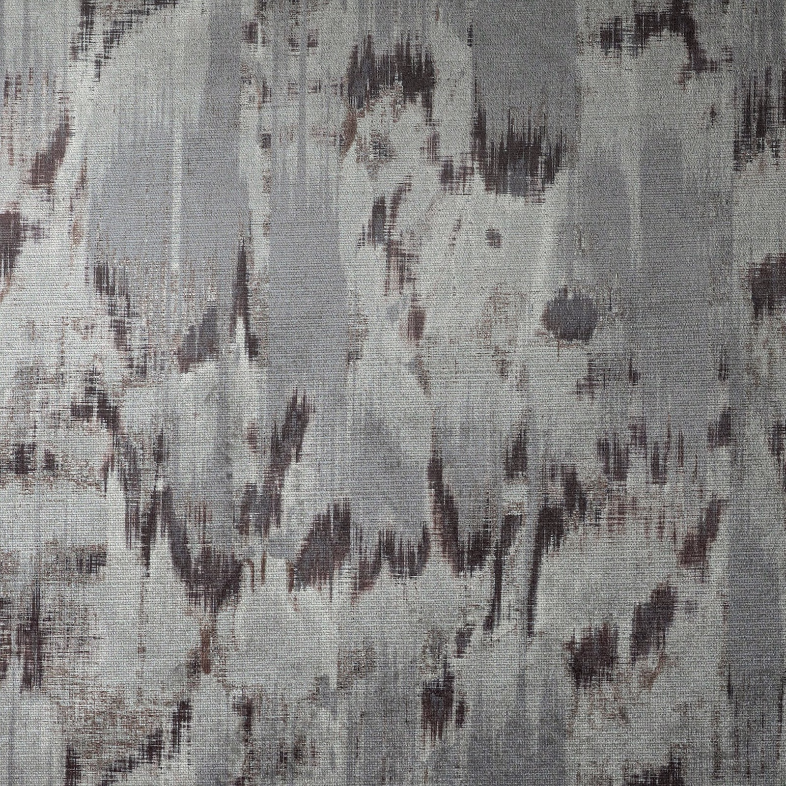 Cool grey woven ground with charcoal and muted brown broken brushstrokes