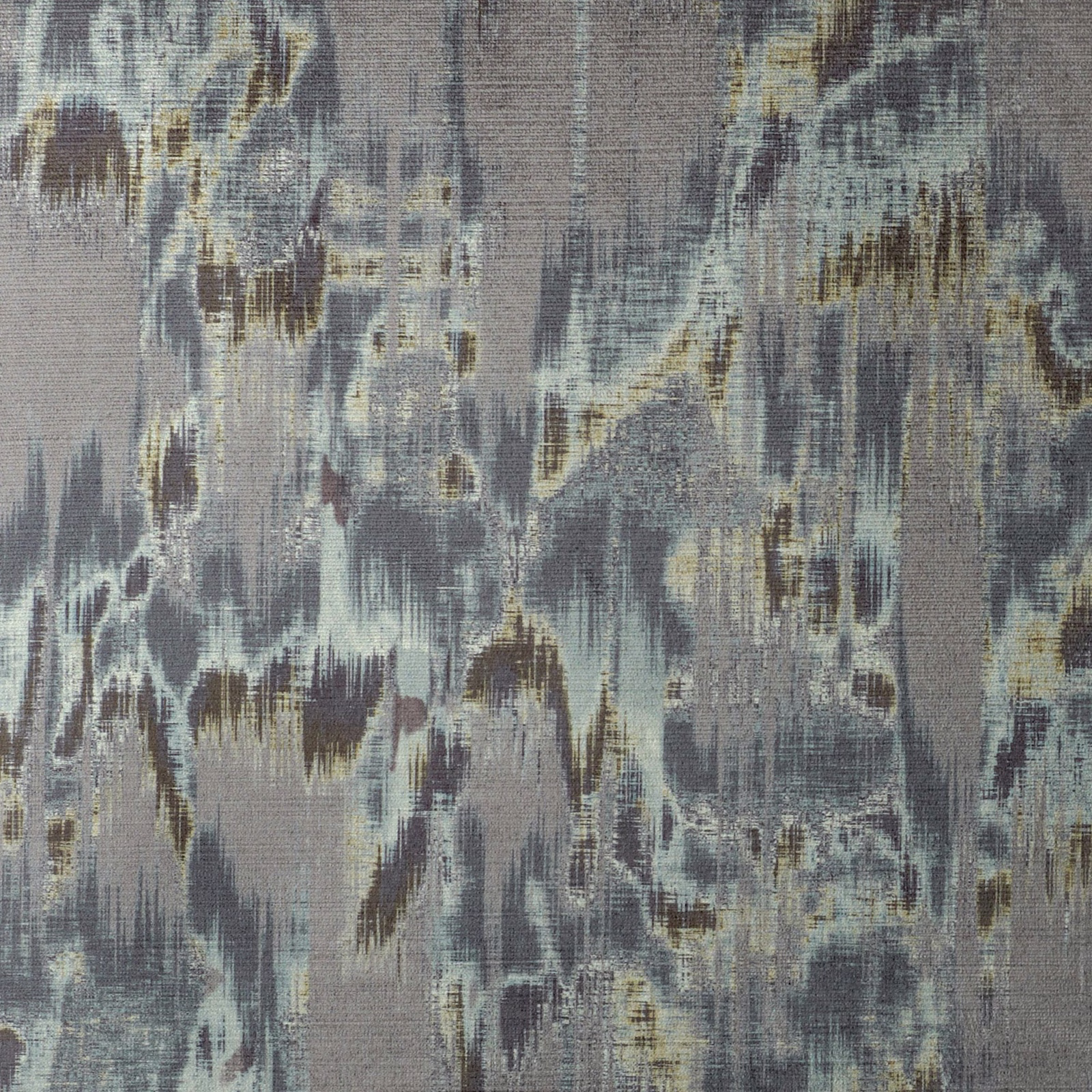 Smoky blue-grey woven swatch with distressed ivory, taupe and ochre painterly marks