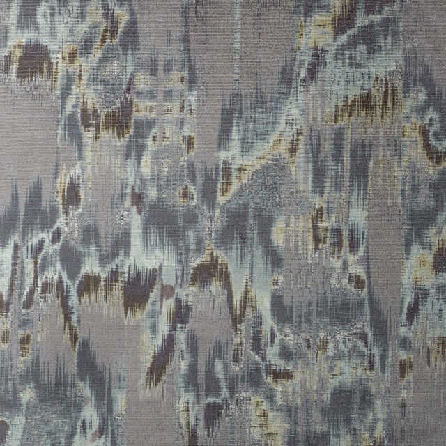 Smoky blue-grey woven swatch with distressed ivory, taupe and ochre painterly marks