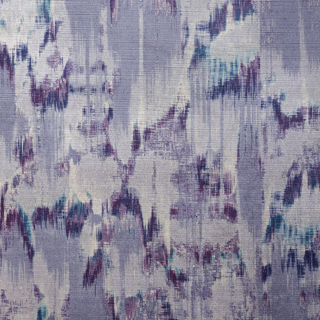 Cool blue-lilac woven textile with plum, teal and cream abstract brush marks
