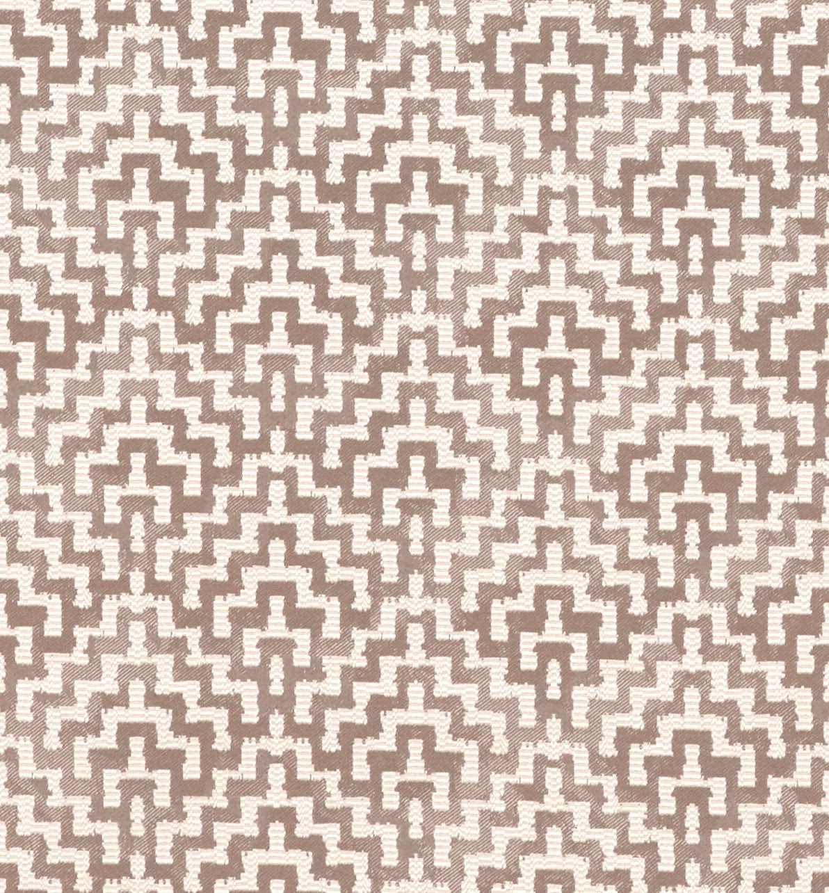 Warm taupe and ivory woven textile with dense stepped geometric motifs