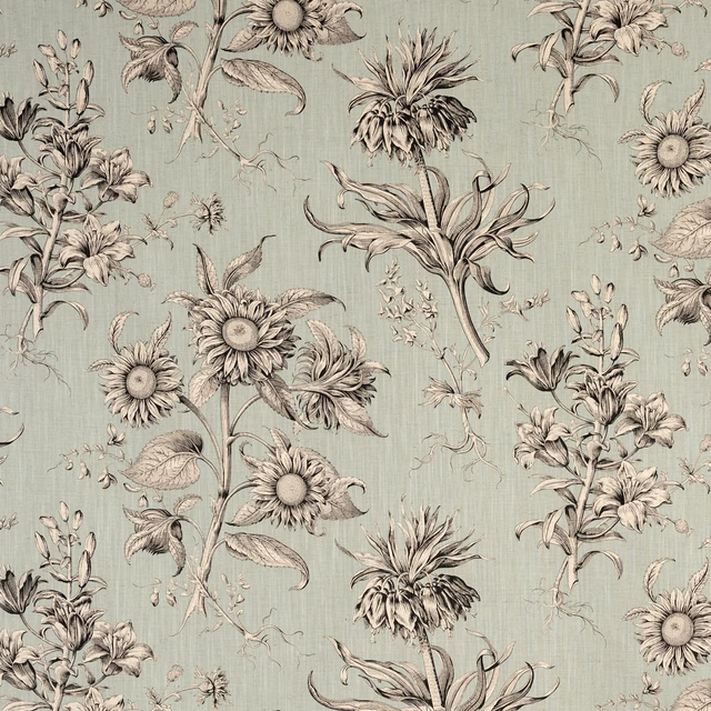 Muted sage-grey fabric with large charcoal and ivory botanical flowers
