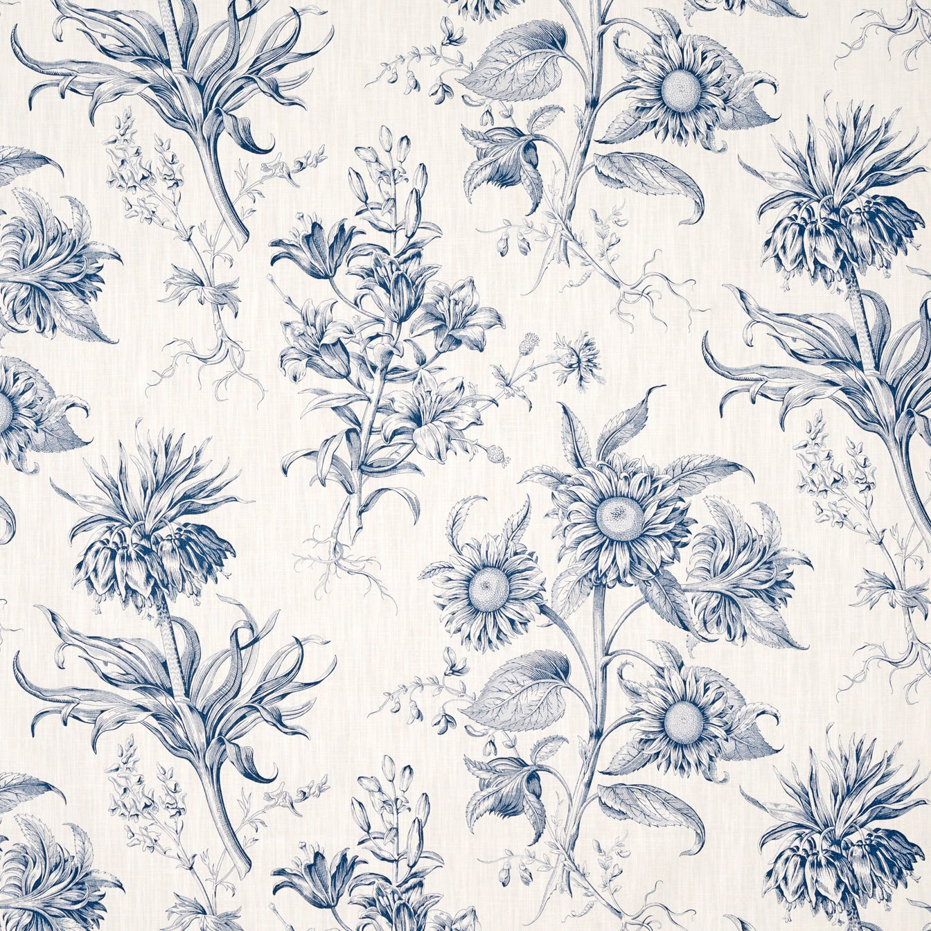 Ivory floral fabric with ink-blue thistles, daisies and fine vertical texture