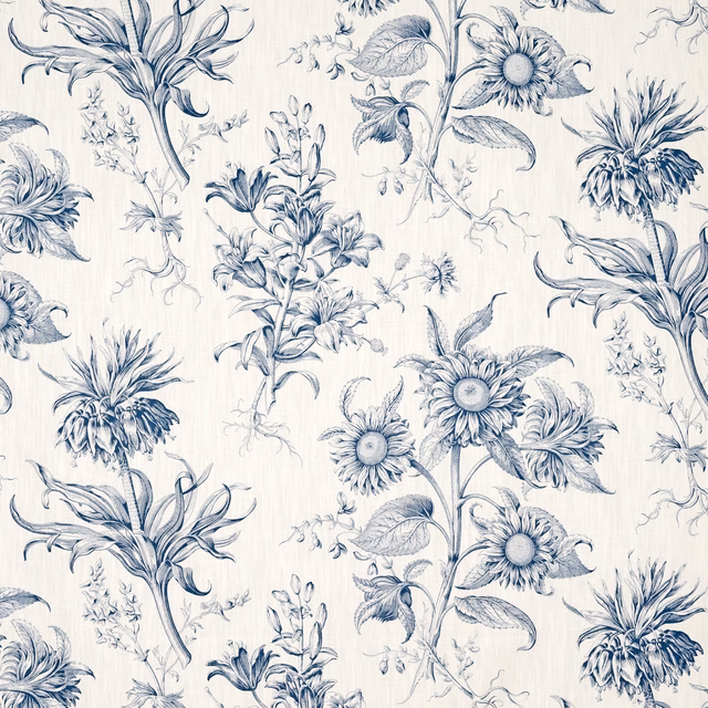 Ivory floral fabric with ink-blue thistles, daisies and fine vertical texture