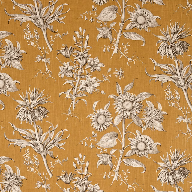 Warm amber ground with cream, charcoal-outlined flowers and fine botanical stems