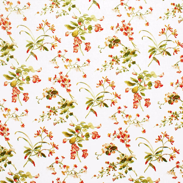 Ivory botanical print with red blossoms, orange flowers and olive-green foliage