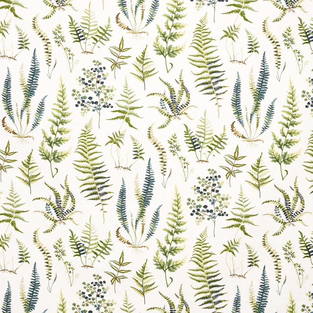 Cream botanical print with varied fern fronds, blue-green leaves and berry sprigs