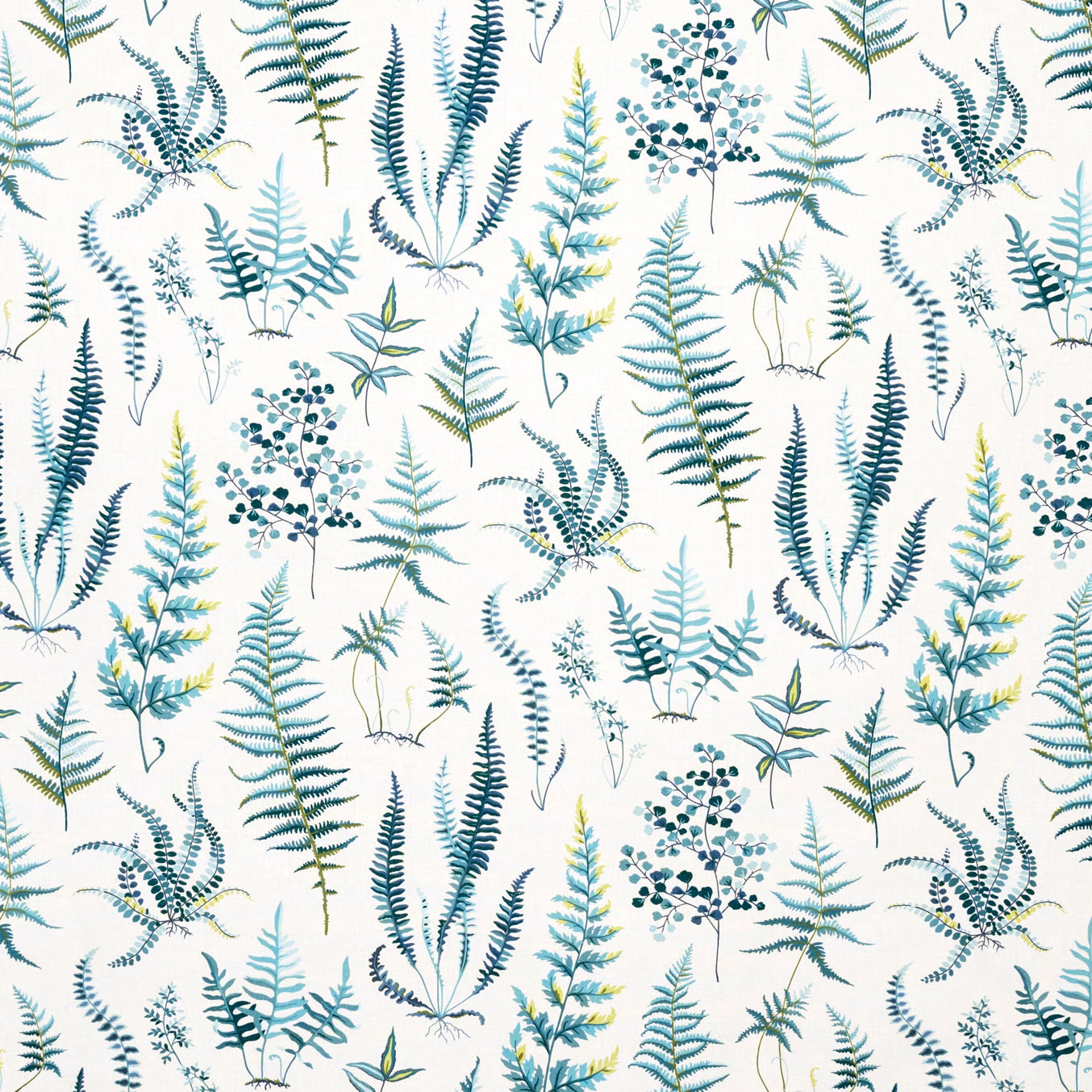 Ivory botanical fabric with teal ferns, blue stems, green leaves and yellow accents