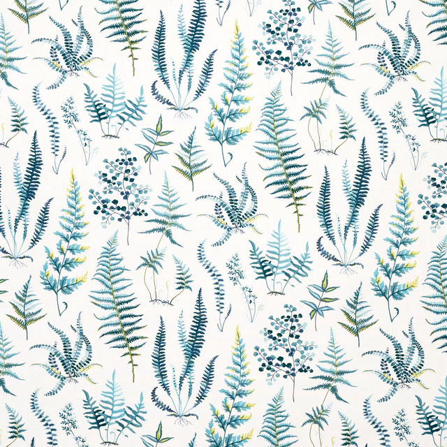 Ivory botanical fabric with teal ferns, blue stems, green leaves and yellow accents