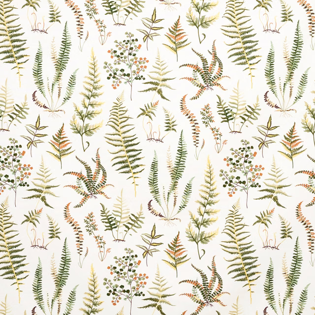 Ivory botanical print with olive ferns, sage leaves and muted rust berries