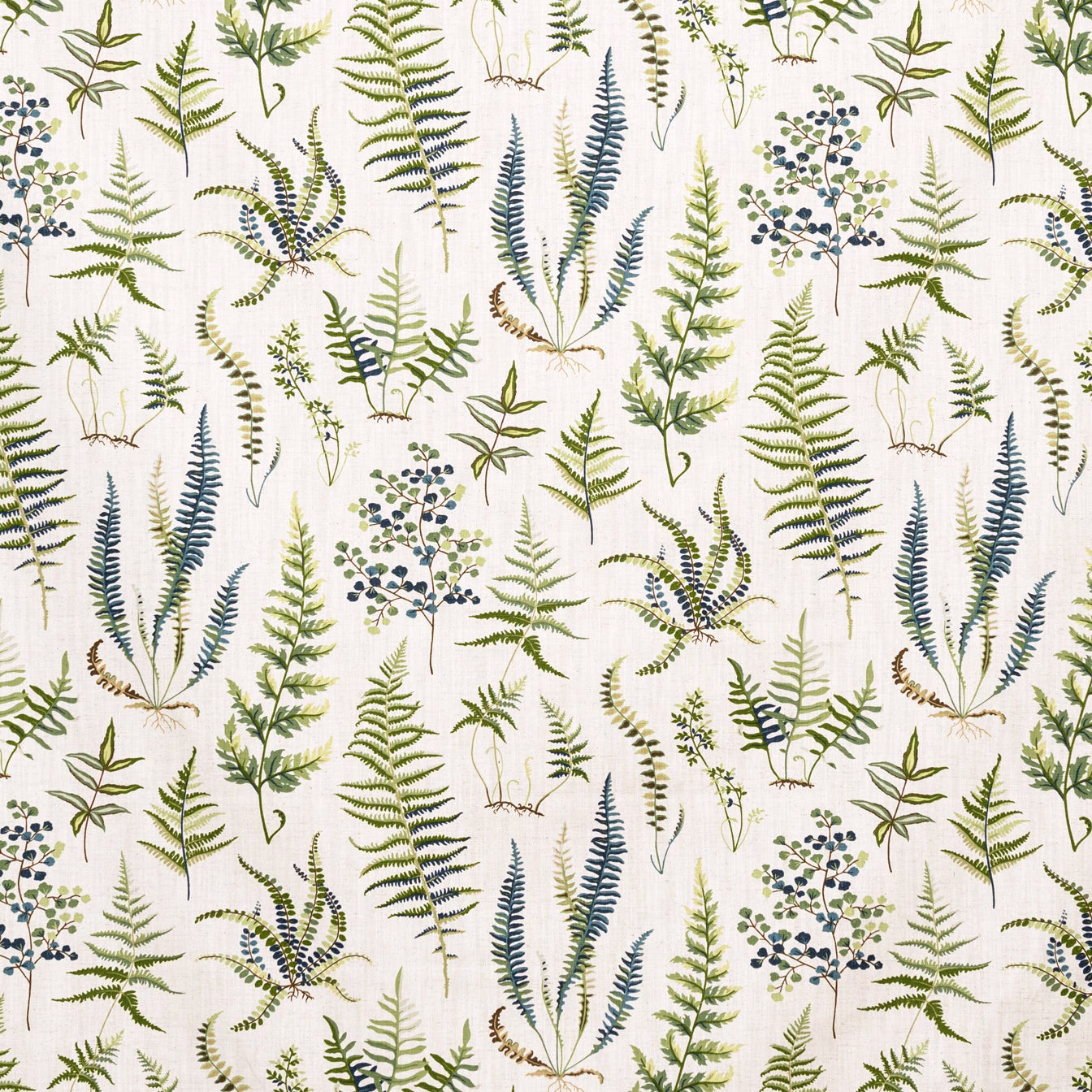 Cream fabric with olive ferns, blue-green fronds and small berry sprigs