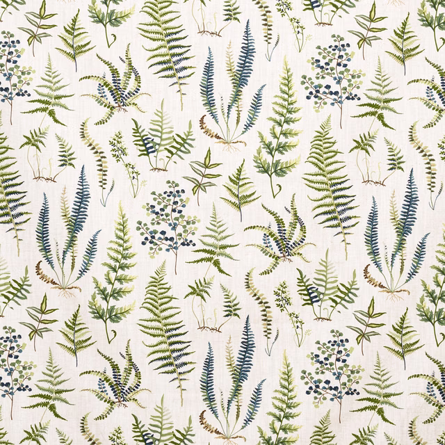 Cream fabric with olive ferns, blue-green fronds and small berry sprigs