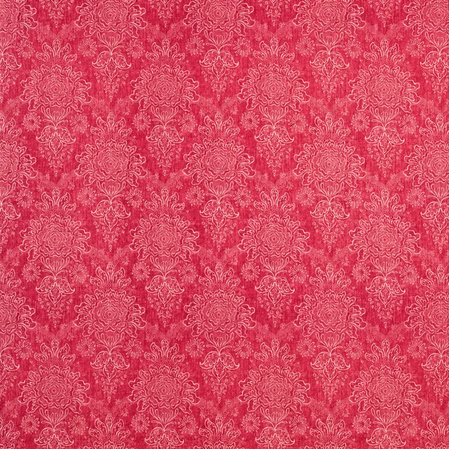 Mottled raspberry-red fabric with pale damask flowers, curling leaves and fine ornamental outlines