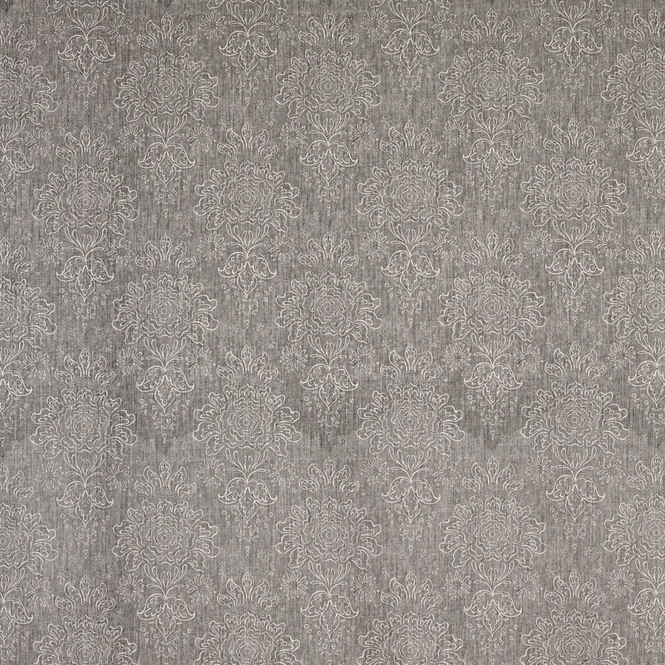 Muted grey-taupe damask fabric with pale floral medallions and vertical striated texture