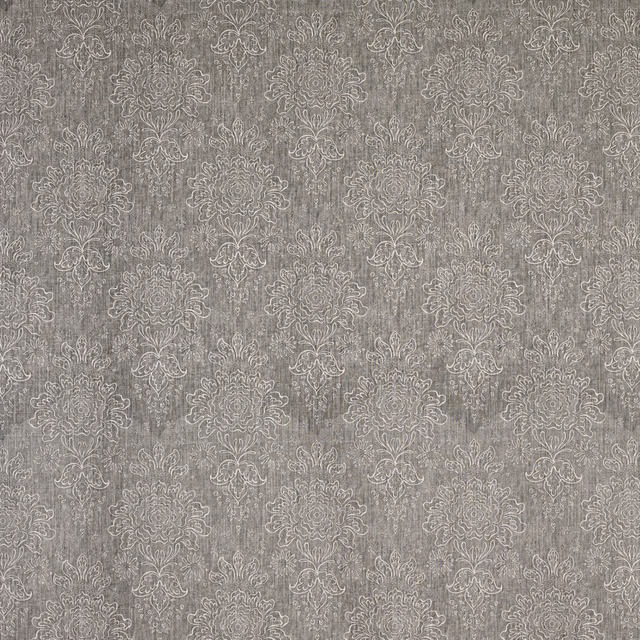 Muted grey-taupe damask fabric with pale floral medallions and vertical striated texture