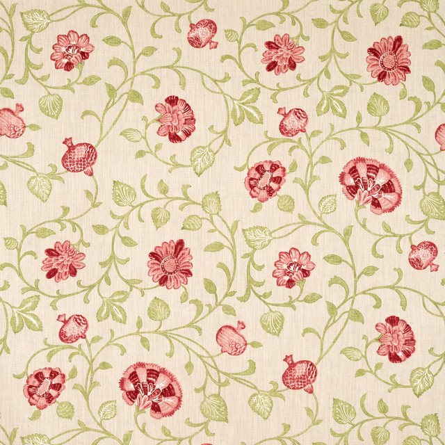 Cream floral fabric with coral flowers, red fruit and olive trailing vines