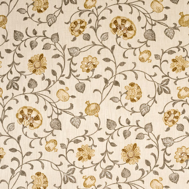 Cream woven fabric with ochre flowers and taupe-grey curling botanical vines