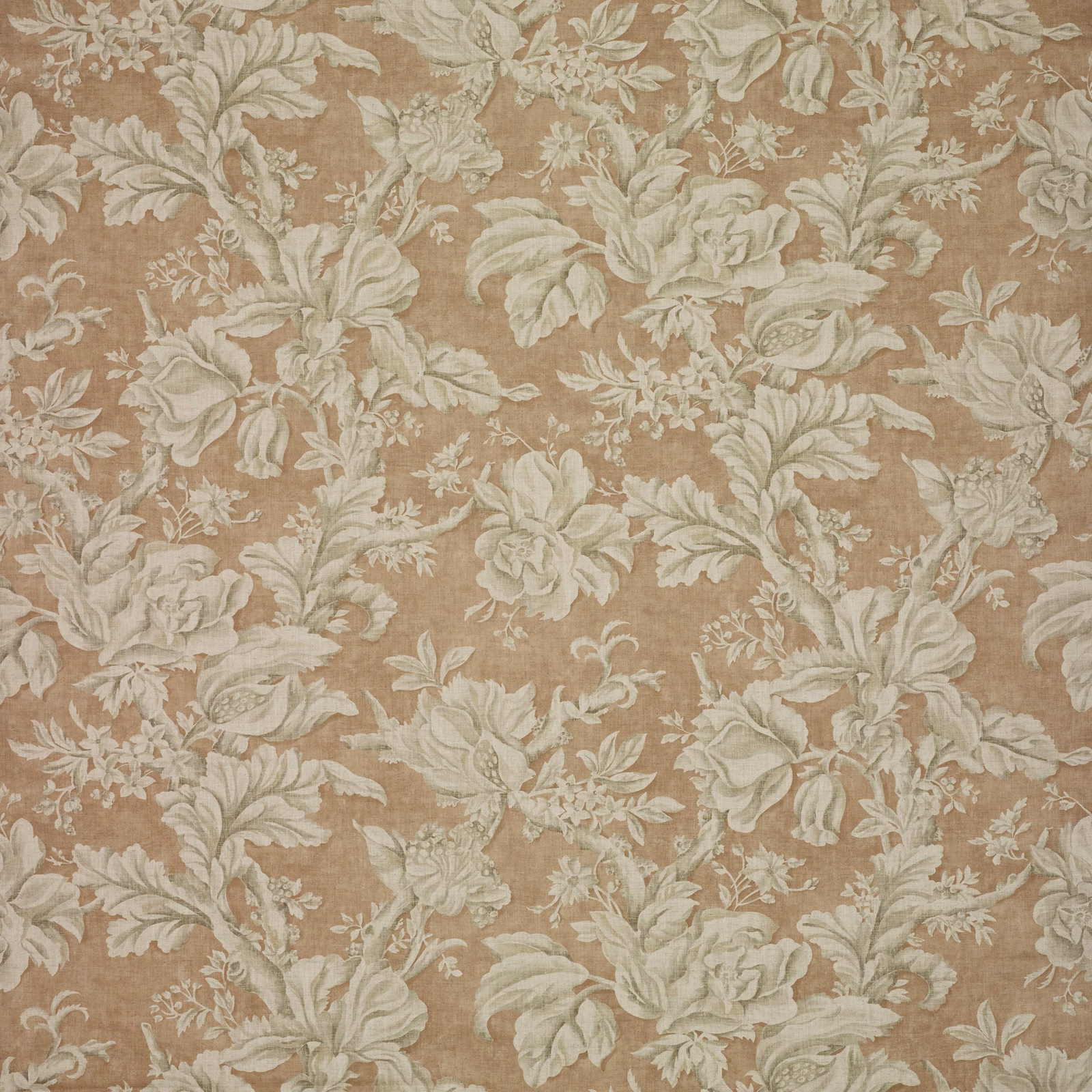 Warm taupe floral fabric with ivory roses and muted sage foliage