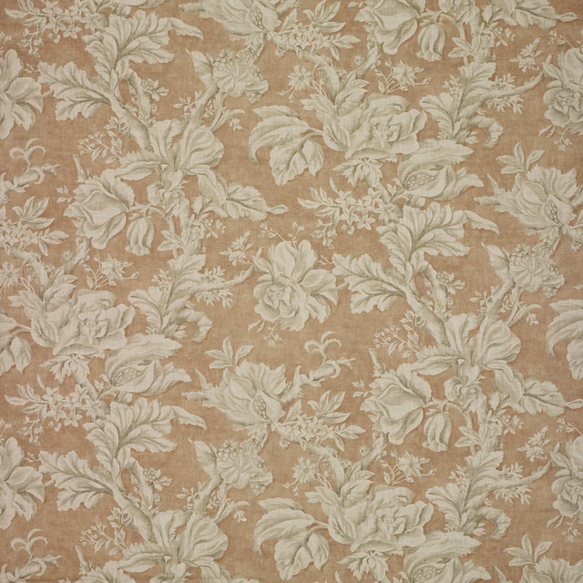 Warm taupe floral fabric with ivory roses and muted sage foliage