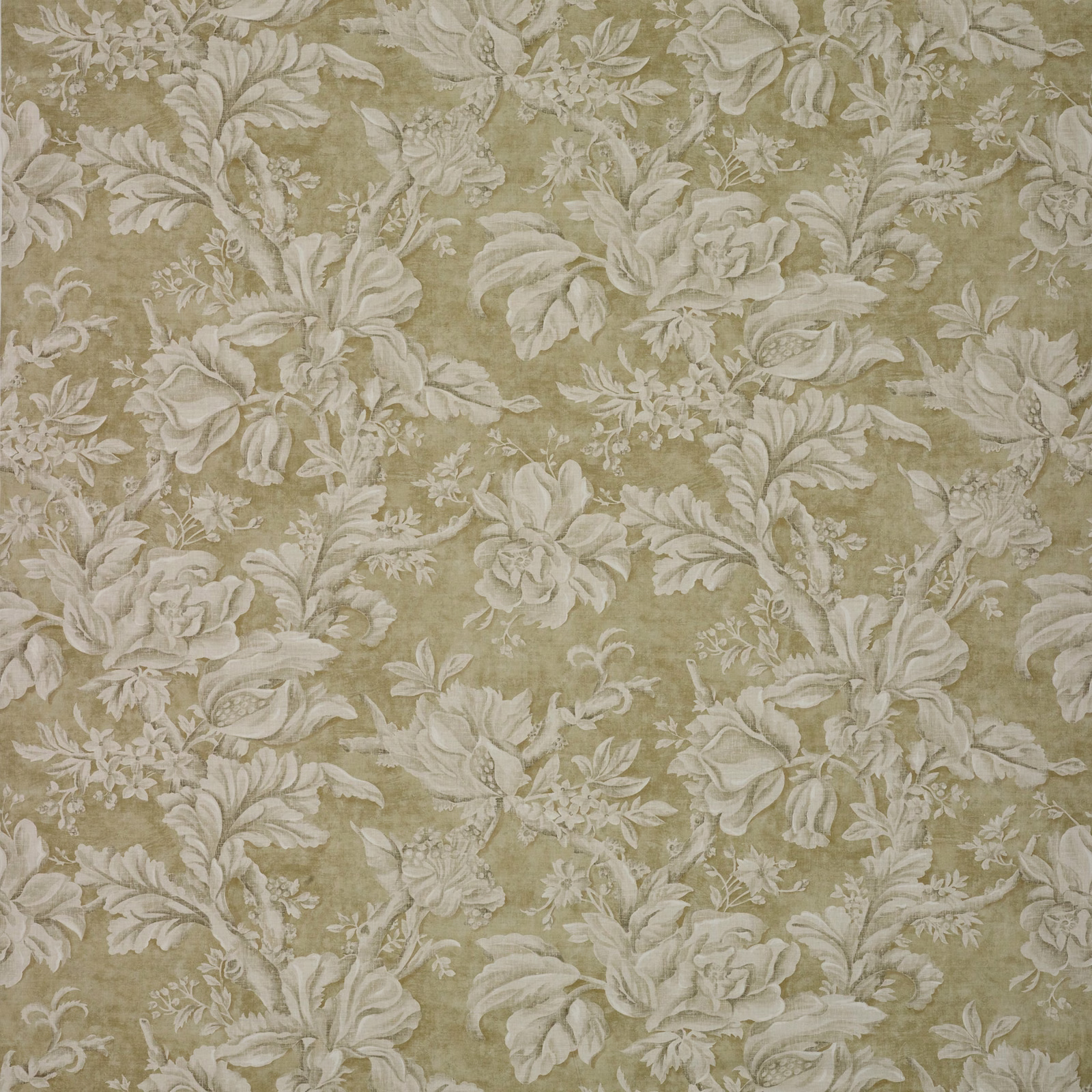 Muted olive-green floral fabric with ivory roses, leaves and scrolling stems