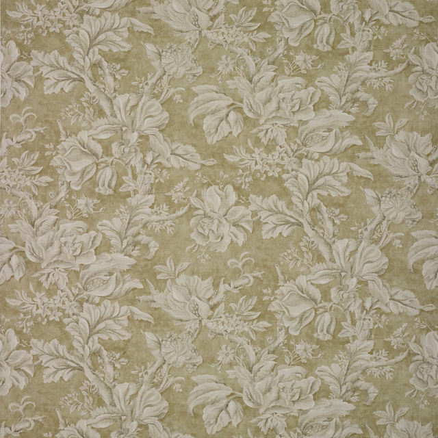 Muted olive-green floral fabric with ivory roses, leaves and scrolling stems