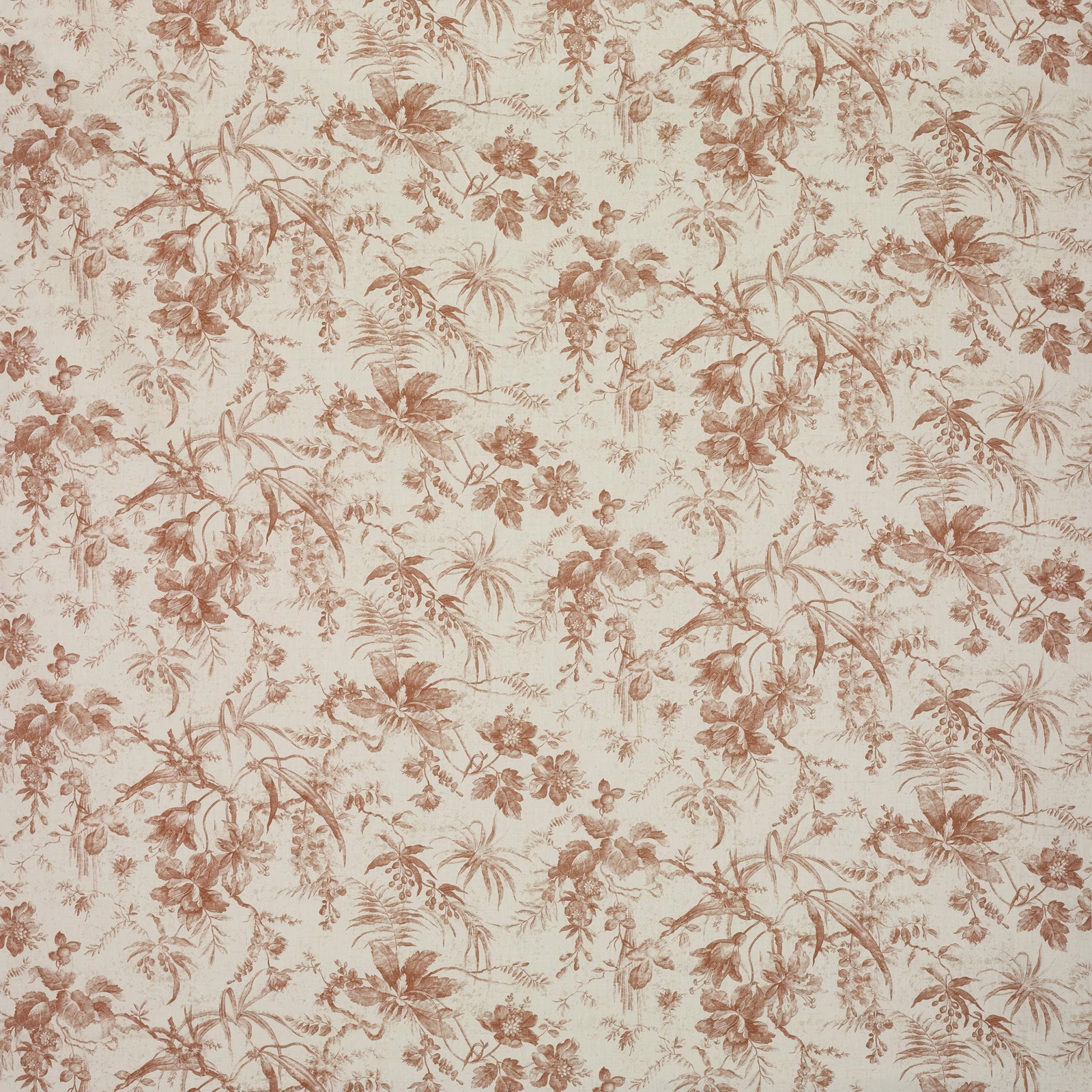 Warm ivory fabric with faded terracotta floral and leafy botanical print