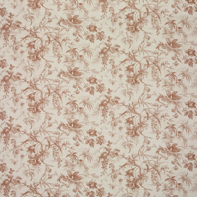 Warm ivory fabric with faded terracotta floral and leafy botanical print