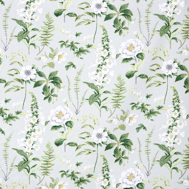 Pale blue botanical print with white flowers, ferns and layered green leaves