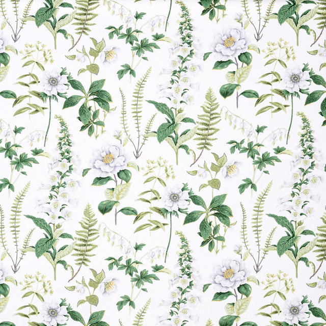 White botanical print with fern fronds, green leaves and lavender-grey flowers