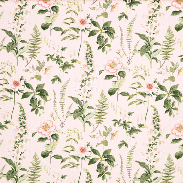 Pale blush floral fabric with pink blossoms, green leaves and delicate fern fronds